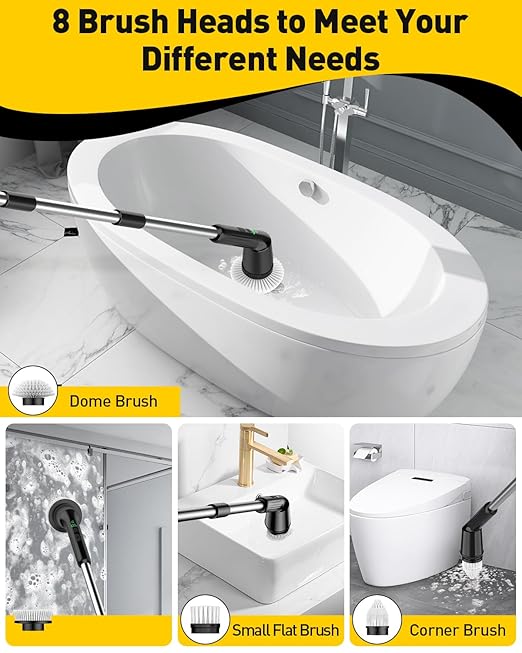 Shower Scrubber with Long Handle, Bathroom Cleaner Brush with 8 Brush Heads, Cordless Electric Spin Scrubber for Cleaning with 2 Speed, Cleaning Supplies for Bathtub Kitchen Floor Navy