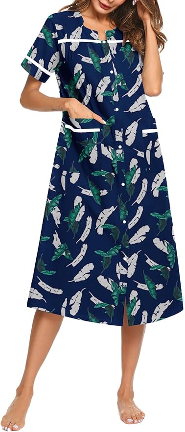 Ekouaer Womens Snap Front Dusters Cotton Housecoat Short Sleeve Nightgown House Dress With Pockets