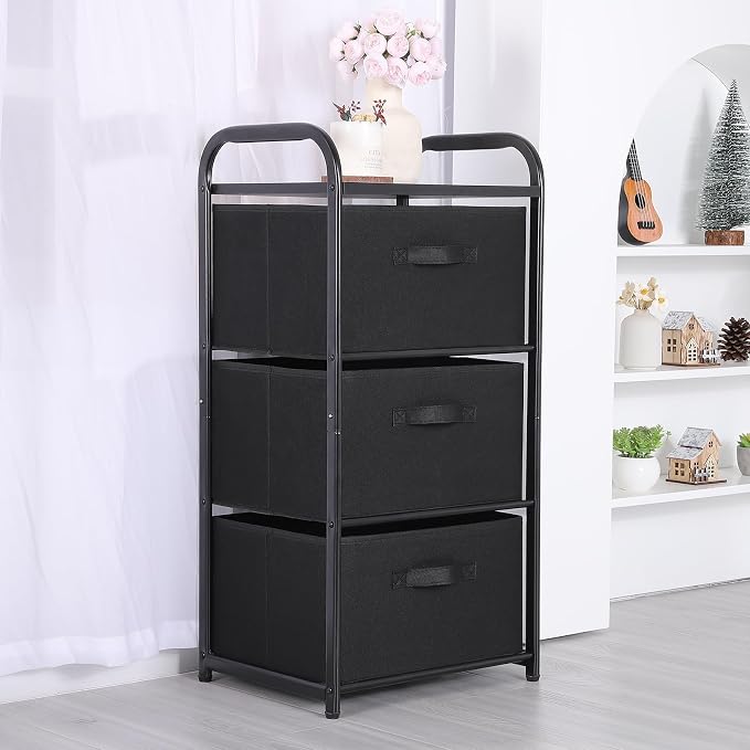 MAX Houser Dresser Storage with 3 Fabric Drawers, Black | Vertical Storage Unit for Bedroom,Chest of Drawers with Metal Frame, Wooden Tabletop, for Living Room, Closet