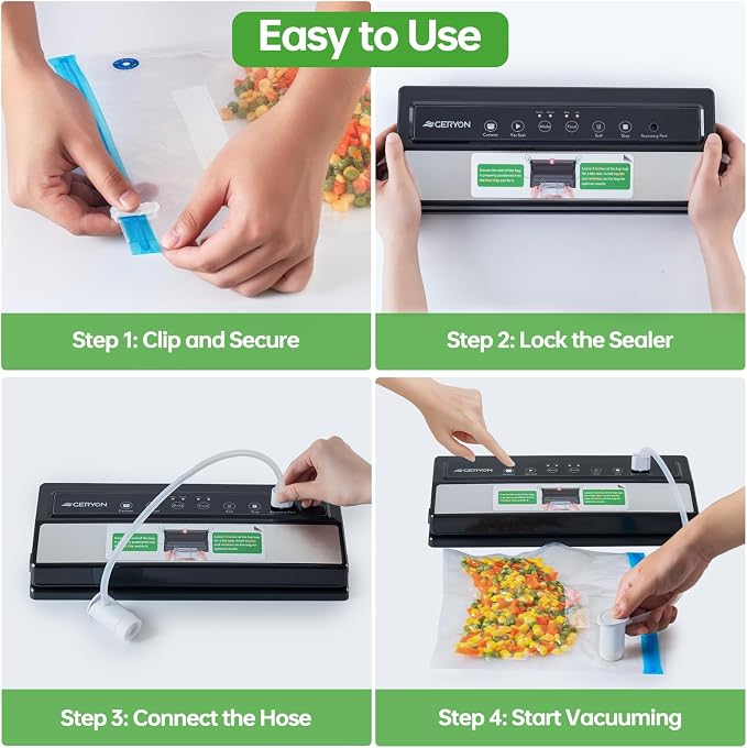 GERYON Food Vacuum Sealer Machine for Dry & Moist Food, Compact Design | Includes reusable vacuum bags and a roll for sous vide, meal prep and freezer storage, with easy LED touch controls.