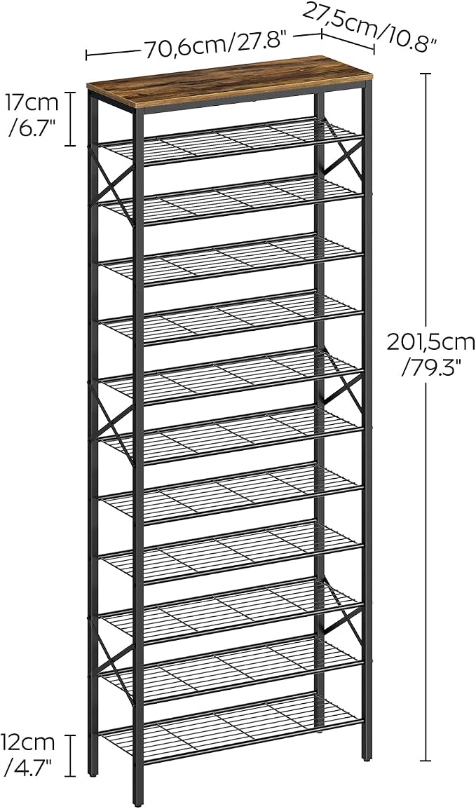 YATINEY 12 Tier Shoe Rack, Large Capacity Shoe Storage Organizer Holds 48 Pairs, Sturdy and Stable, for Entryway, Hallway, Closet, Dorm Room, Rustic Brown SS12BR