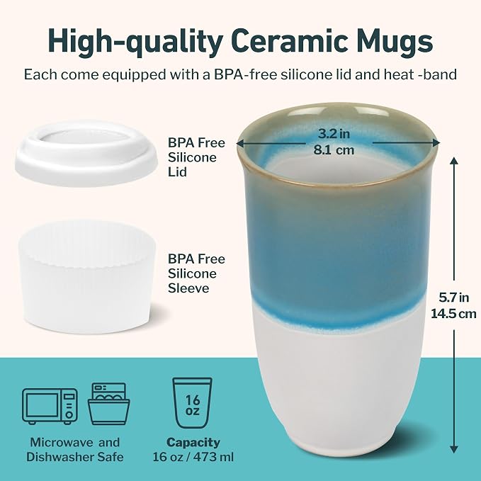 NOVA CERAMICS Travel Coffee Tumbler – Travel Mug - On the Go Coffee Mug – Microwave & Dishwasher Safe Green CoffeeTumbler - Gifts For Women Men Him Her – 16oz – Lagoon