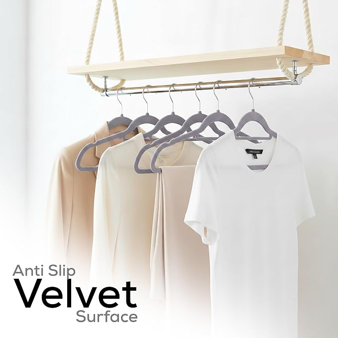 Utopia Home Velvet Hangers 50 Pack – Premium Hangers with Tie Bar - Grey | Non-Slip Slim Clothes & Coat Hangers with Tie Bar, Space-Saving Heavy Duty Design, 360° Swivel Hook