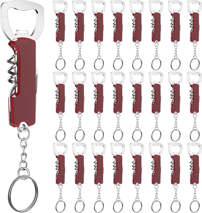 Ziliny 24 Pcs Bottle Opener Keychain Bulk Wine Bottle Beer Opener Keychain 3.27" Stainless Steel Corkscrew Waiter Corkscrew Wine Keyring Gifts for Christmas Bar Party Wedding Home (Red)
