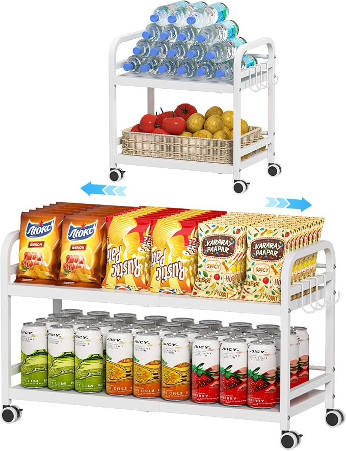DAOUTIME 2-Tier Expandable Rolling Cart, Pantry Storage Cart with Wheels, Adjustable Rolling Pantry Floor Organizer, Metal Under Desk Cart, Sturdy Can Storage & Snack Organizer for Kitchen Pantry