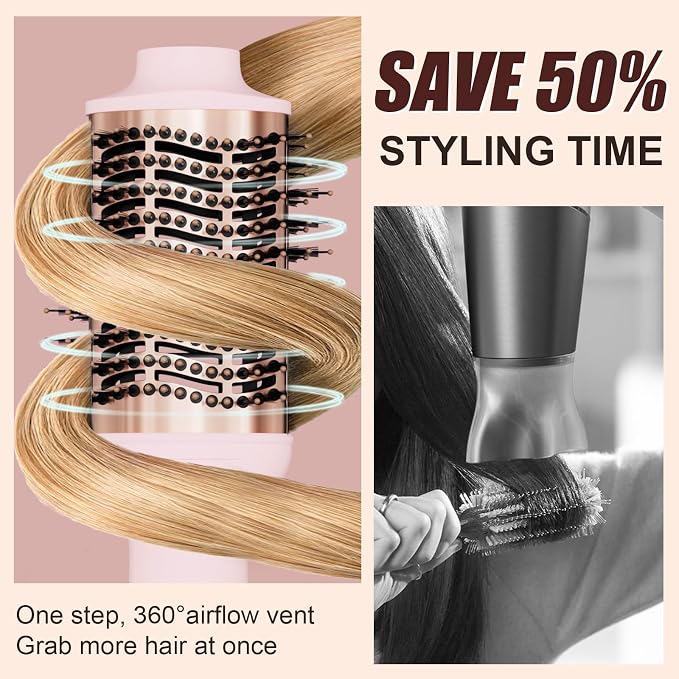 Big Size 1200W Dual Voltage Hot Air Brush Dryer, 120-240V 4 in 1 Ionic Blowout Hair Dryer Brush & Styler Volumizer with 75MM Oval Titanium Barrel for Long & Thick Hair