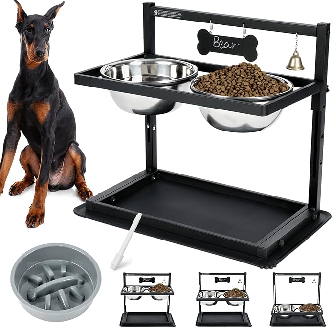 Elevated Dog Bowls with Slow Feeder for Large and Medium Dogs, Adjustable Height Raised Dog Bowl Stand with 2 Stainless Steel Bowls and Spill-Proof Mat, Dog Feeder for Healthy Eating (Grey)