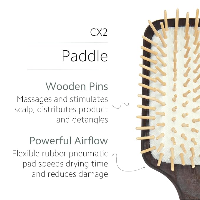 Ibiza Hair Paddle Detangling Brush (CX2) | Natural Wooden Pins to Stimulate Scalp & Reduce Drying Time | Durable, Lightweight Carbonized Wood | Hypoallergenic Design