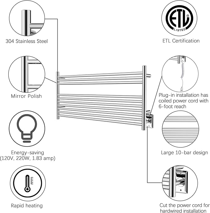 HEATGENE Towel Warmer 10 Bar Towel Dryer Wall-Mounted Plug-in Bath Towel Heater - Mirror Polish