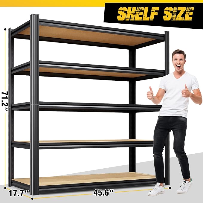 71" H x 45.6" W Garage Shelving, 5-Tier Adjustable Metal Storage Shelves, Utility Steel Storage Rack for Garage, Warehouse, Pantry, Basement, Industrial & Workshop Organization,17.7" D