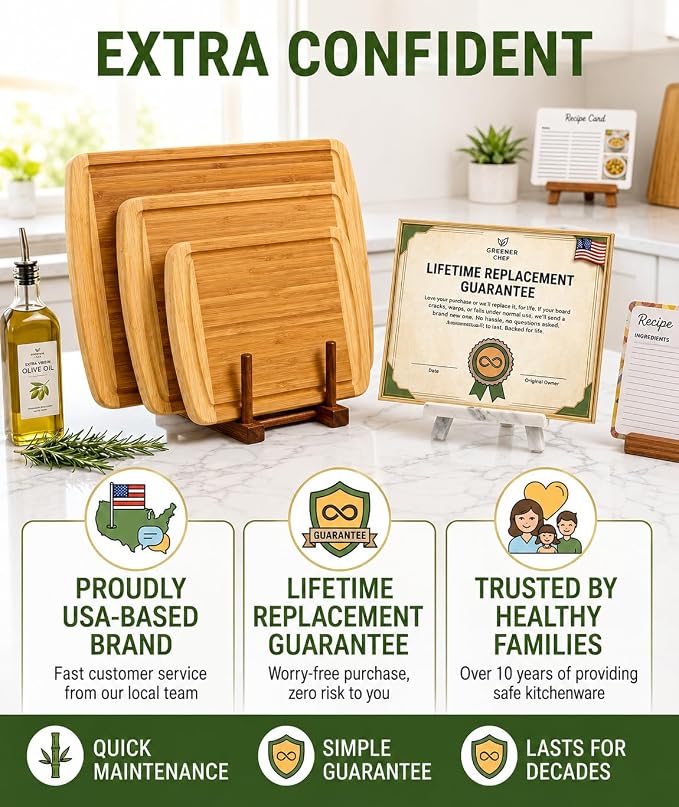 Greener Chef Luxury XL Bamboo Cutting Board Set of 3 with Vertical Grain Strength Technology - Extra Large Wood Cutting Boards for Kitchen and Lightweight Chopping Board Set - Replacements for Life