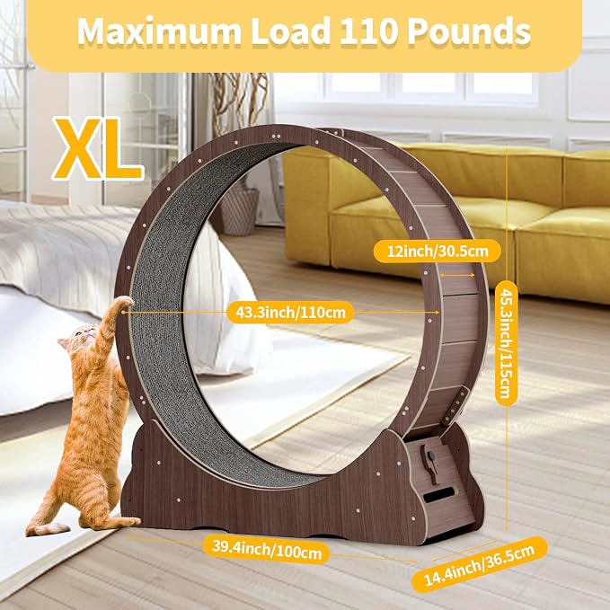 Homegroove Cat Running Wheel, 45" Large XL Cat Exercise Wheel Treadmill with Carpeted Runway for Kitty’s Longer Life (Brown)