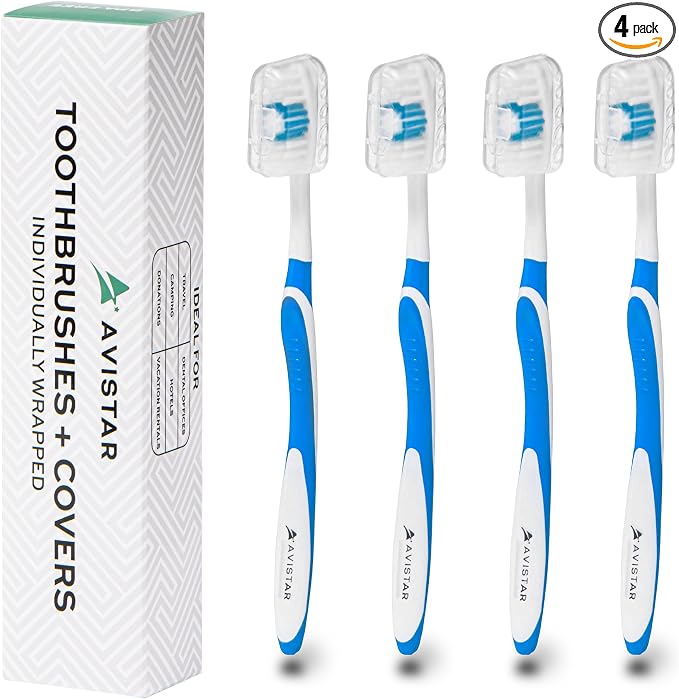Avistar 4 Pack Toothbrushes for Adults - Individually Wrapped Medium Bristle Toothbrushes with Covers - Blue - Convenient & Affordable Dental Care for Travel, Hotels, Airbnb, Missions & More
