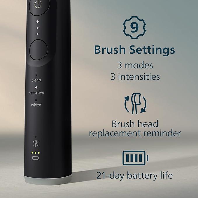 Philips Sonicare 6700 Series Electric Toothbrush, Pressure Sensor, 9 Brushing Settings, SmarTimer, BrushPacer, 21-Day Runtime, Travel Case, for Gum Health & Sensitive Teeth, Black, HX7411/06