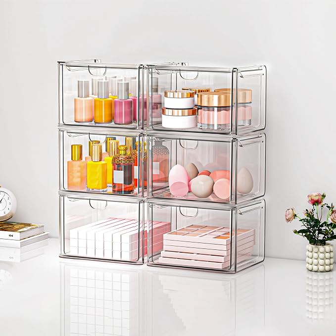 caktraie 6 Pack Small Clear Stackable Acrylic Storage Boxes for Art Tool & Sketch, Stroage Drawers, Makeup Organizer, Plastic Storage Bins For Vanity, Kitchen Cabinets, Pantry, Home Organization