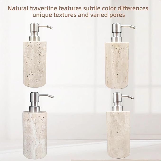 Natural Travertine Marble Soap Dispenser with Stainless Steel Pump, Marble Lotion Liquid Soap Bottles for Kitchen Bathroom