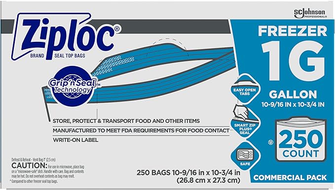 Ziploc Gallon Food Storage Freezer Bags, Grip 'n Seal Technology for Easier Grip, Open, and Close, 250 Count (Pack of 8, 2000 Count Total)