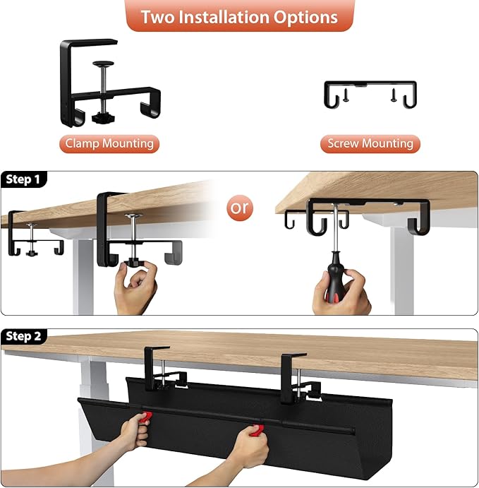 Univivi No Drill Under Desk Cable Management Tray, 28" Cord Organizer for Table, Clamp/Screw Mount Desk Cable Management, Premium Fabric Cable Management Tray for Office, Home