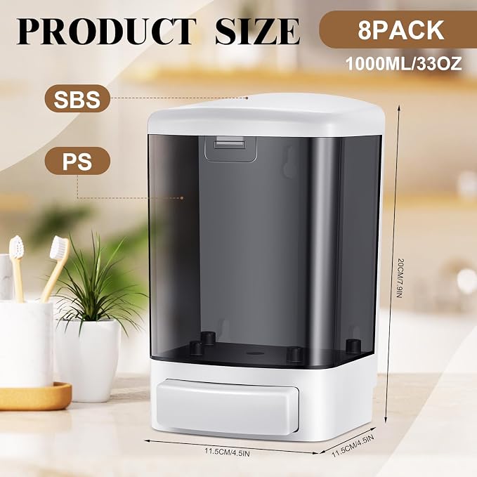 Hushee 8 Pcs Plastic Wall Mounted Soap Dispenser Commercial Manual Soap Containers Wall Dispenser for Kitchen Shower Hotel Liquid Shampoo Gel Chamber (33.8 oz 1000 ml,Black)