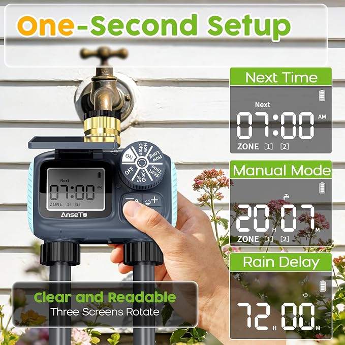 Solar Sprinkler Timer,Brass Inlet Hose Timer for Garden Hose,Programmable Water Timers,Plant Watering Devices,Garden Watering System, Rain Delay/Manual/Automatic Irrigation System, 2 Outlet