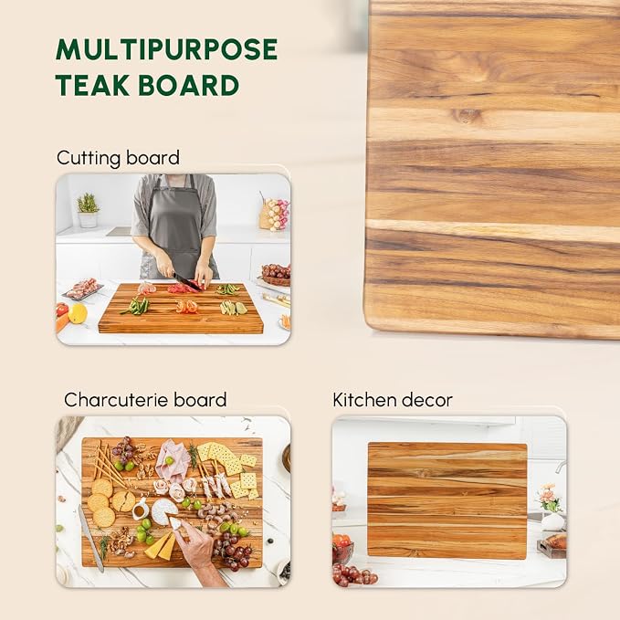 Large Teak Wood Cutting Board with Hand Grip (22x16x1.25", L) | Large wooden cutting boards for kitchen, wood chopping board, butcher block, charcuterie board for serving. Gift box included