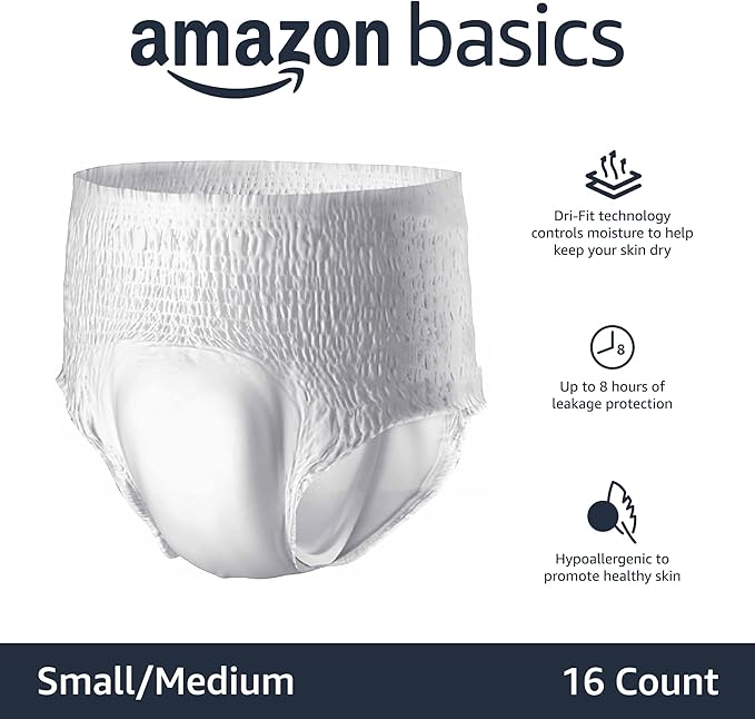 Amazon Basics Unisex Protective Underwear, Overnight Absorbency, Small/Medium, 16 Count (Pack of 2)