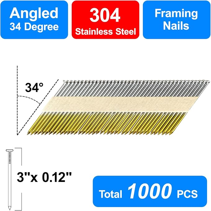 34-30 Degree Framing Nails 304 Stainless Steel D Head Smooth Shank Paper Tape Strip Nails for 30 to 34 degree Framing Nailer (3"-1000PCS)