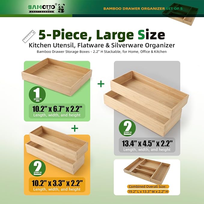 BAMOTTO CRAFTBAMBOO Stack Bamboo Drawer Organizer Set of 5, Kitchen Utensil, Flatware&Silverware Organizer-Wood Laminated Stackable for Kitchen, Bedroom, 13.4''x4.5''*2+10.2''x3.3''*2+10.2''x6.7''*1