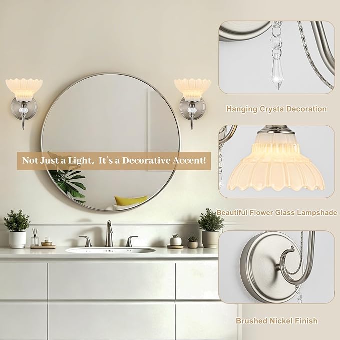 1 Piece Brushed Nickel Finish Wall Sconce, 1-Light Modern Wall Sconce with Hanging Crystal Accents and Flower-Shaped White Shades for Bathroom Bedroom Living Room,Modern Vanity Light