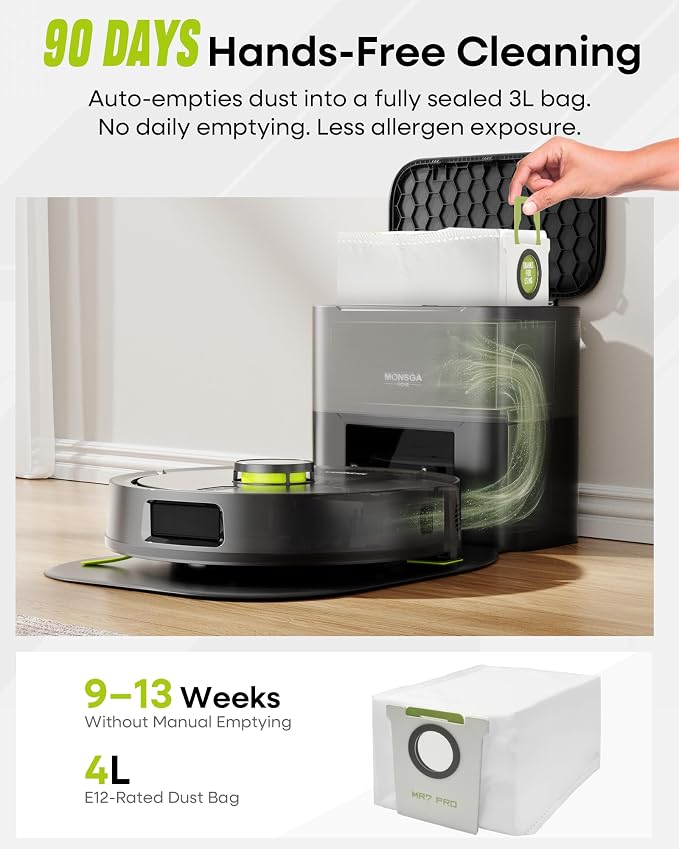 MONSGA Robot Vacuum and Mop Combo, 90 Days Self-Emptying with 8000Pa Suction, LiDAR Smart Mapping, Dual Anti-Tangle for Pet Hair, Carpet and Hard Floor