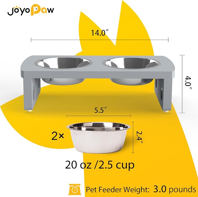 Elevated Dog Bowls, Bamboo Raised Dog Bowl for Dogs, with 2 Stainless Steel Bowls (Grey, Small: 4'' Tall-20oz Bowl)
