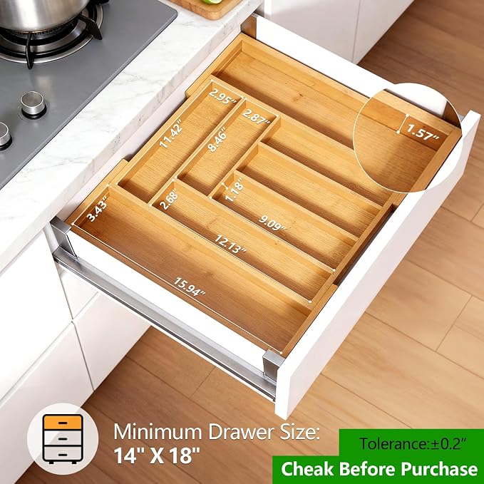 Pipishell Bamboo Expandable Silverware Drawer Organizer, Adjustable Kitchen Utensil Tray for Forks, Spoons and Knives, Wood Storage Cutlery Holder for Bedroom and Living Room