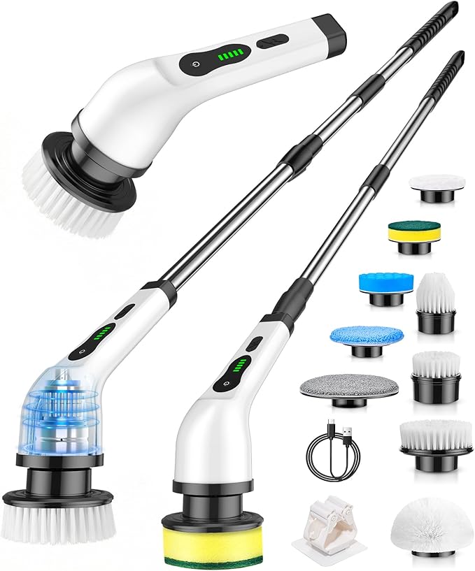 Cordless Electric Spin Scrubber, 9 Brush Heads, 2-Speed Motor | Floor cleaning, bathroom scrubber, tile floor scrubber, extension arm, IPX7 waterproof, tub, sink, grout, wet- dry vacuum