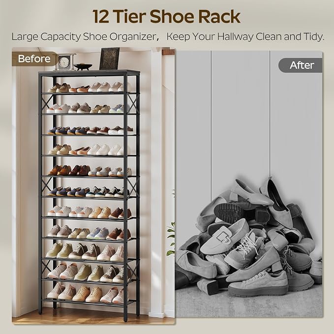 YATINEY 12 Tier Shoe Rack, Large Capacity Shoe Storage Organizer Holds 48 Pairs, Sturdy and Stable, for Entryway, Hallway, Closet, Dorm Room, Charcoal and Black SS12BC
