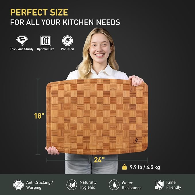 Extra Large Bamboo Wooden Cutting Board Wood Cutting Boards for Kitchen | Heavy Duty, End Grain, Non Toxic, Non Slip, Cutting Board Set, Solid Thick, Juice Groove, Butcher Block, Best Kitchen Gift