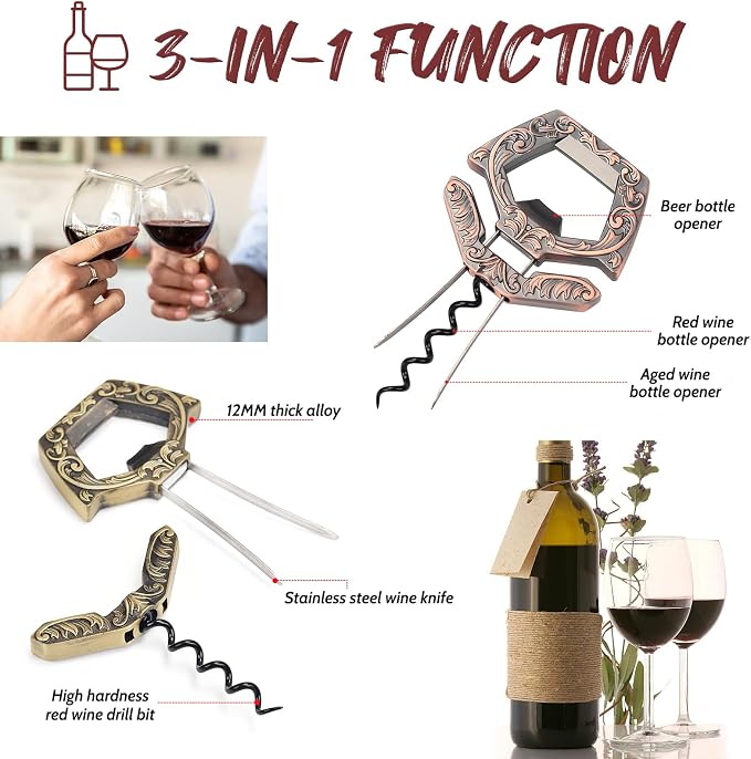 3 in 1 Ah So Wine Opener Two Prong Vintage Cork Remover Bronze | Opens vintage and fragile wine bottles effortlessly without breaking old corks Durable 3-in-1 zinc alloy design