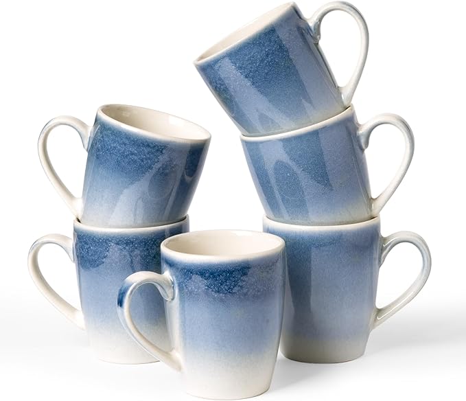 famiware Coffee Mugs Set, 13oz Mug Set of 6, Stoneware Cups for Latte, Hot Tea, Mocha, Cocoa, Cappuccino, Microwave and Dishwasher Safe, Glacier Series, Azure Blue