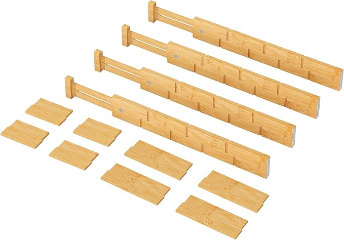 kiplant Kitchen Drawer Dividers - Adjustable Drawer Organizer for Clothes, Kitchen, Closet & Office - 4 Pack with Inserts, 18-22.6 Inches, Non-Slip Silicone Ends