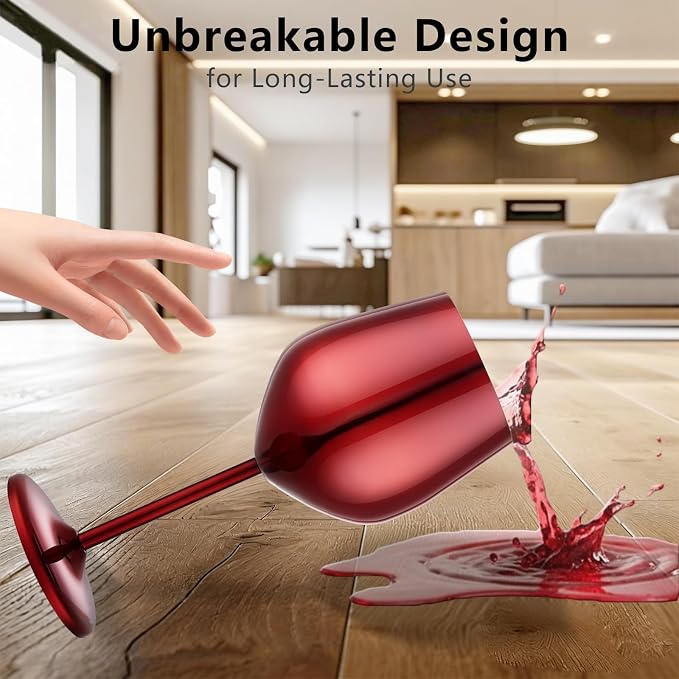 UNISWEET Unbreakable Stainless Steel Wine Glasses Set of 4, Mirror Red | 17oz Unique Fancy Metal Wine Goblets, Shatterproof, Ideal for Outdoor, Camping, Travel, Pool, Great Gift for Wine Lovers