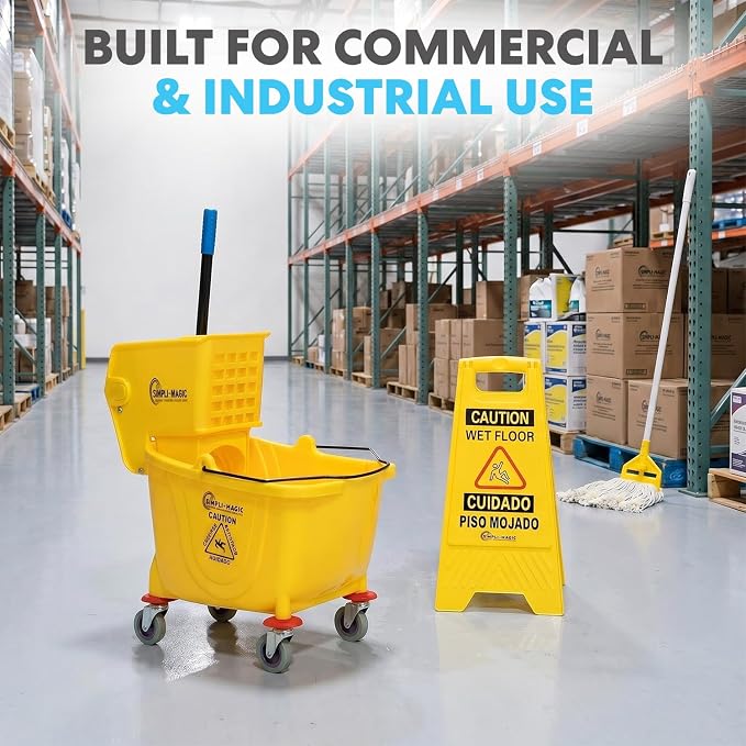 Simpli-Magic Commercial Mop Bucket with Side Press Wringer, 26 Quart – 50,000 Cycles Wringer – Industrial Mop Bucket with Wheels, Yellow