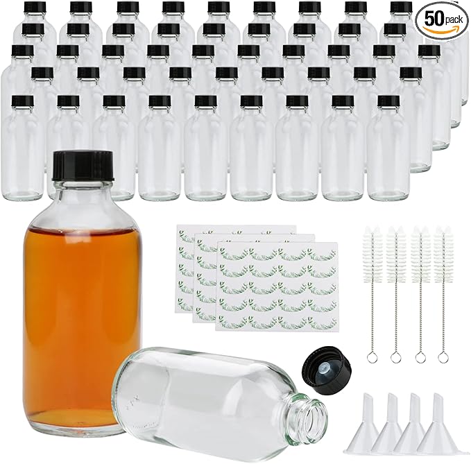 Small Clear Glass Bottles with Lids, 4 oz Glass Containers with Labels, Funnels and Brushes, Round Sample Bottles for Juice, Oils, Ginger Shots, Whiskey, Liquids, 50 Pack