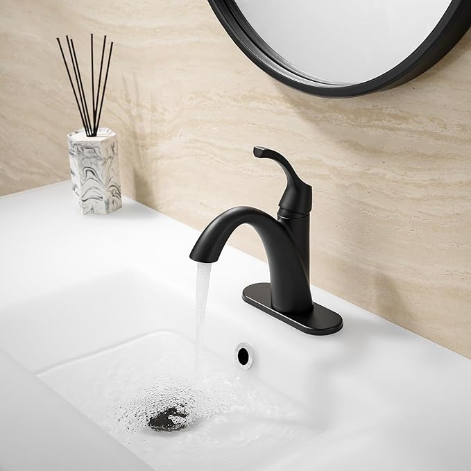 TimeArrow Bathroom Sink Faucet Matte Black, Single Handle Bathroom Faucet for 1 Hole with 3 Holes Deck Plate, Lavatory Vanity Faucets, Pop Up Drain and Water Supply Lines Included, TAF206-MB