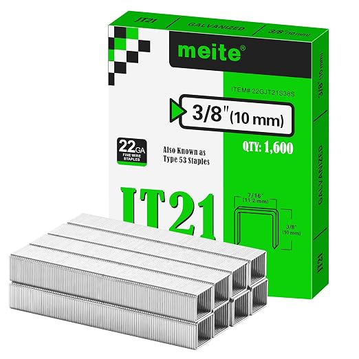 meite JT21 Staples, 3/8 Inch Galvanized Fine Wire Staples for Staple Gun - 1,600 Counts, 7/16" Crown JT21 Staple Refill, Ideal for Upholstery, Crafts, Furniture
