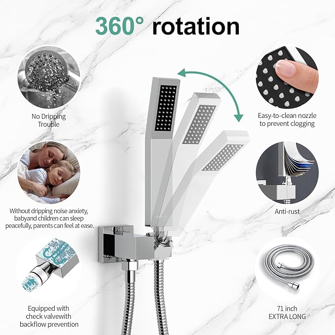 SR SUN RISE Polished Chrome Square Rainfall Shower Head and Handle Set, Wall Mounted Shower Fixtures, Metal Shower Faucet Trim Repair Kits (With Shower Valve)
