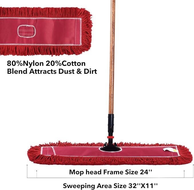 Matthew Cleaning 24'' Industrial Strength Cotton Dust Mop Refill Washable Replacement Heads for Residential & Commercial Use Fit Standard Dust Mop Frames, Hardwood,Concrete Floors Red 12 Pack