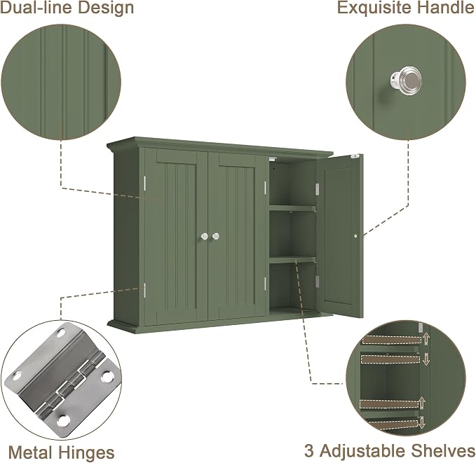 ChooChoo Bathroom Wall Cabinet with 3 Doors, Laundry Cabinet Wall Mounted, Medicine Cabinet with Adjustable Shelves, Hanging Kitchen Cupboard Organizer, Green