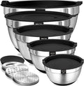 Umite Chef Mixing Bowls with Airtight Lids, 8PCS Stainless Steel Nesting Mixing Bowls Set, 3 Grater Attachments & Non-Slip Bottoms, Black Kitchen Bowls, Size 5, 4, 3.5, 2, 1.5QT for Baking & Serving