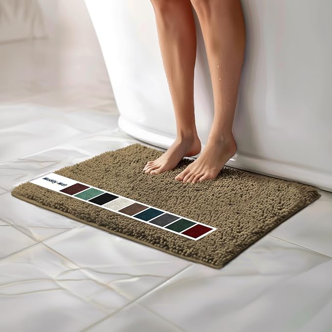 Muddy Mat® | Chenille Bathroom Rugs Quick Dry Microfiber Mats Non Slip Washable, Extra Thick, Soft and Highly Absorbent Bath Mats for Bathroom, Kitchen, and Shower Floor - Beige 18"x28"