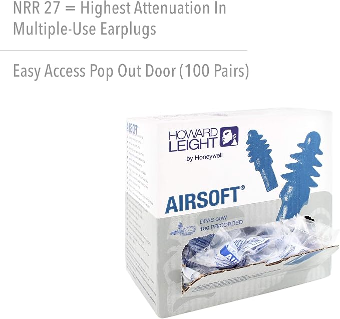 Howard Leight Airsoft Flanged Reusable Earplugs with White Nylon Cord, 100-Pairs (DPAS-30W)