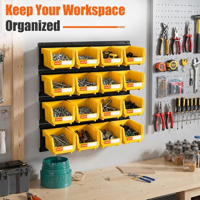 16pc Wall-Mounted Storage Organizer Set with Metal Rails Yellow | Heavy duty tool organization box with metal rails. Ext 5"x4"x3" for garage screws nuts bolts.